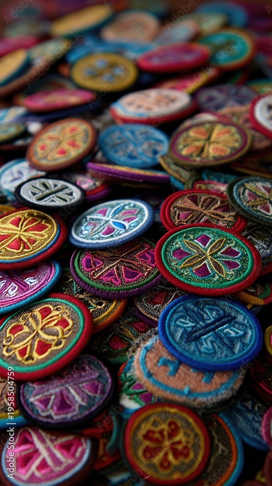 Fototapeta premium Colorful and intricately embroidered fabric buttons featu floral and geometric patterns in a close-up view