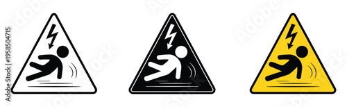 Warning electricity icon, high voltage danger symbol with electric shock pictogram, electrical hazard sign for safety and risk prevention, power accident alert triangle, modern vector illustration for