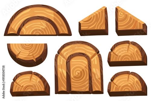 cartoon wood plank banner set, curved and straight shapes, golden brown wood texture, dark outline, game asset style,vector art.