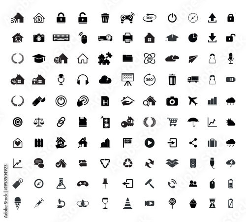 A set of black outline business and data icon. Design and logo