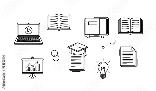 Modern education icons with laptop video tutorial book graduation cap and presentation charts in minimal line vector set