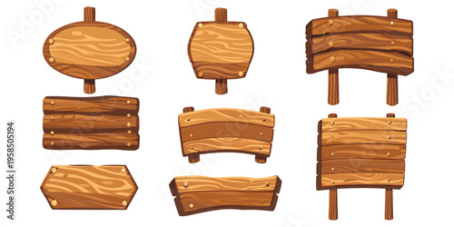 Fantasy game wooden signs pack,  simple boards made of layered planks, soft cartoon style, light wood texture, subtle highlights, no heavy shadows, clean composition, evenly spaced