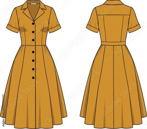 Mustard shirt dress fashion illustration, front and back view, button down midi dress vector, short sleeve womens outfit, clothing design template