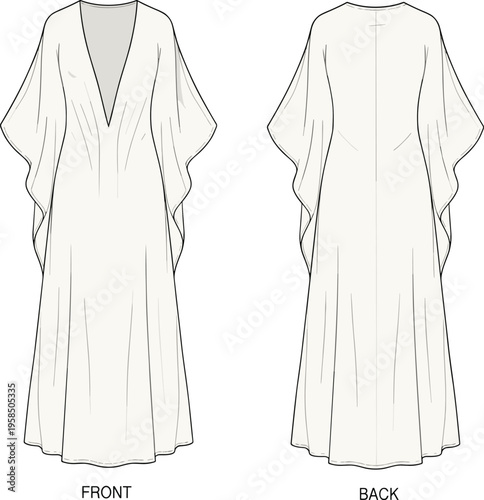 Kaftan maxi dress fashion illustration, front and back view, deep V neck flowy dress vector, loose fit womens clothing design template, elegant minimal style