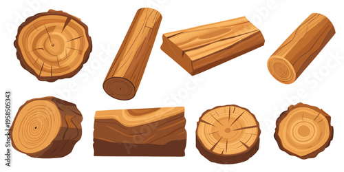 High-quality digital illustration of various wooden objects, including planks, logs, and signboards