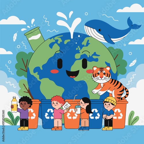 Happy earth day children celebrating recycling plastic bottles in front of world