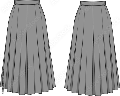 Pleated midi skirt fashion illustration, front and back view, grey A line skirt vector, elegant womens clothing design template, classic minimal style
