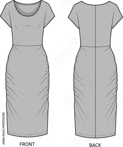 Ruched bodycon dress fashion illustration, front and back view, grey fitted midi dress vector, short sleeve womens clothing design template, modern style