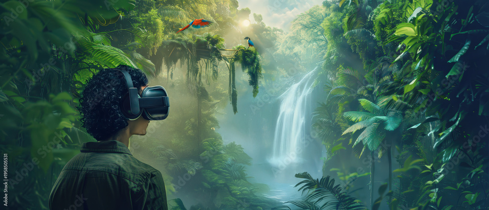 Fototapeta premium A woman wearing a VR headset is immersed in a lush virtual jungle environment. She sits in a chair surrounded by vibrant tropical plants, colorful birds, and a majestic waterfall