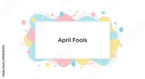 Colorful April Fools' Day social media frame with balloons and confetti, featuring a funny prank illustration vector design