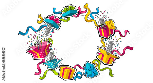 Colorful April Fools' Day social media frame with party elements and prank characters on a white background