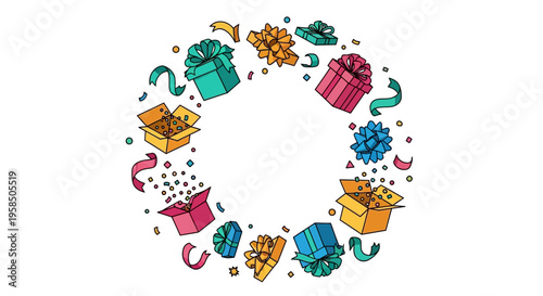 Colorful illustration of a circular frame with gifts and confetti for April Fools' Day celebration on social media