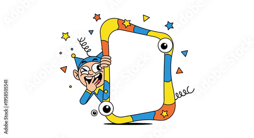 A cartoon character holds a colorful frame with eyes and decorative shapes for an April Fools' Day social media celebration