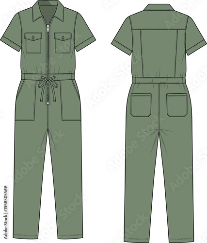 Utility jumpsuit fashion illustration, front and back view, green cargo coverall vector, short sleeve womens workwear outfit, clothing design template, modern style