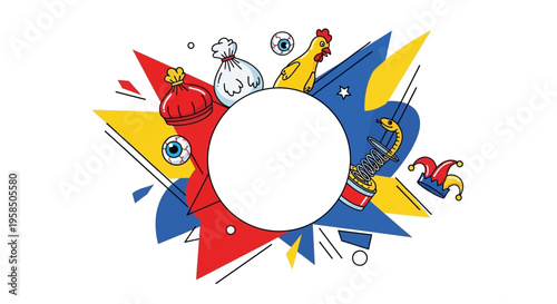 Colorful April Fools' Day social media frame with cartoon characters and balloons on a white background