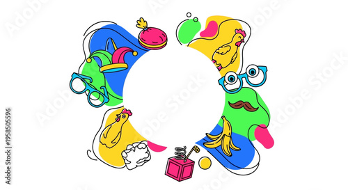 Colorful cartoon characters celebrate April Fools' Day with a prank gift in a social media frame