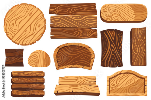 A collection of various wooden plank shapes and textures in a cartoon vector style, featuring different cuts, grains, and signboard elements in warm natural tones.