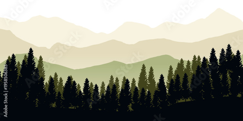 Mountains and ridge panorama silhouette background. Beautiful peak view. Morning pine trees landscape illustration.