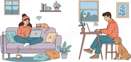 Remote Work from Home Illustration with Man and Woman Using Laptops, Cozy Living Room Workspace, WiFi Connection, Pets and Modern Home Office Lifestyle