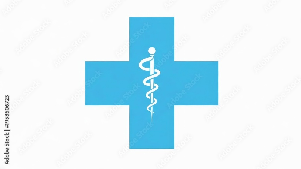 Obraz premium Blue cross emblem with white caduceus overlay on white background