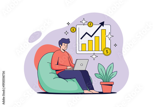 Man sitting on beanbag using laptop with financial growth chart