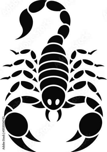Black silhouette of a scorpion with its tail curled over its body and claws extended