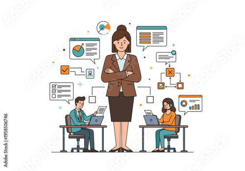 Female manager supervising employees working at office desks