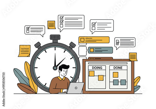 Man working on laptop with giant stopwatch and task board