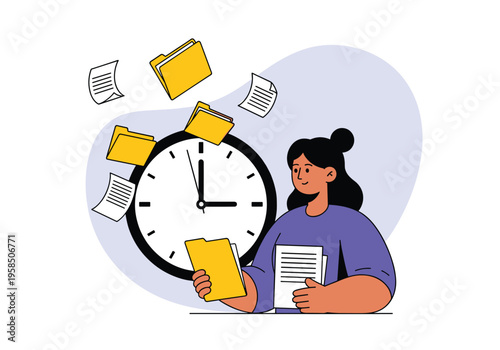 Woman managing folders with large clock for time management
