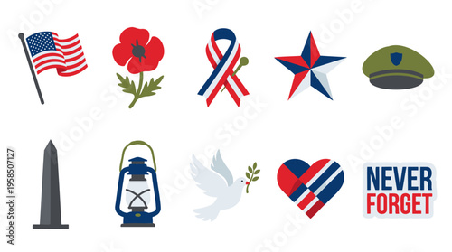 A collection of patriotic and remembrance symbols including the American flag, red poppy, military cap, peace dove, monument, and 'Never Forget' text.