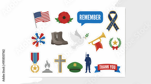 A collection of patriotic and remembrance icons including the American flag, poppy, military boots, soldier, and "REMEMBER" and "THANK YOU" banners.