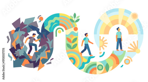 A person's journey from struggle and chaos to growth, well-being, and a brighter future, illustrating personal transformation and mental health improvement.