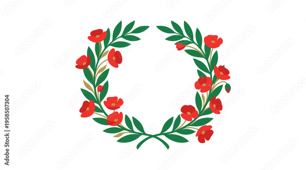 Obraz premium A beautiful illustration of a circular wreath adorned with vibrant red poppy-like flowers and lush green leaves, symbolizing celebration or remembrance.
