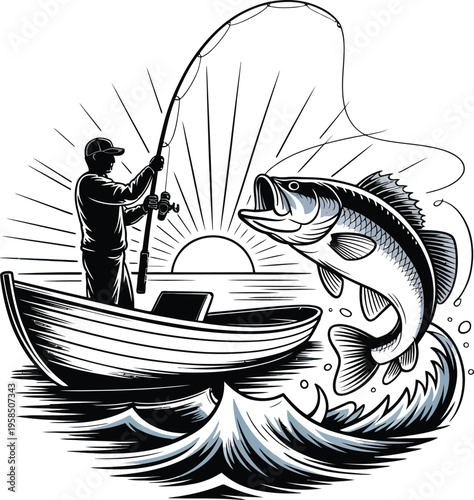 Fisherman in boat catching big bass fish at sunrise with rod on wavy lake surface