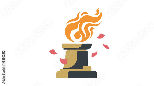 Stylized illustration of a golden and dark torch with a vibrant orange flame, surrounded by falling red petals.