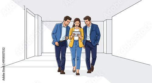 Colleagues Reviewing Data in Sunlit Office Corridor