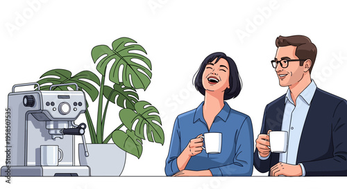 Colleagues Laughing at Office Espresso Machine