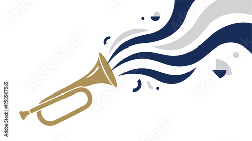 A golden trumpet with abstract blue and grey wavy sound waves emanating from its bell, on a clean white background.