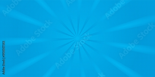 Comic background. Pop art texture. Starburst cartoon style. Anime design with explosion effect for print. Fun dot pattern. Blue backdrop with halftone gradient.