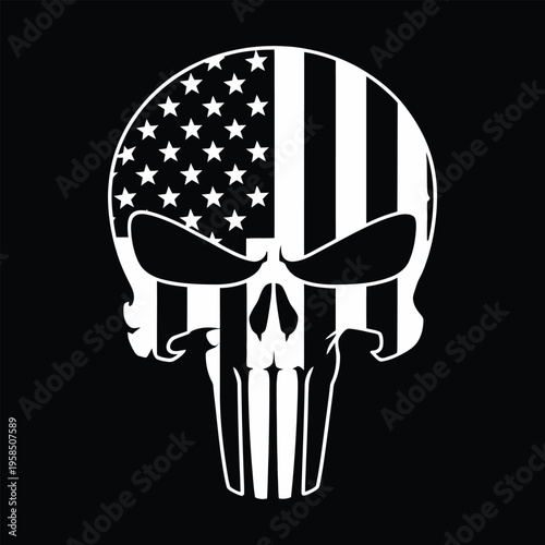 Tactical skull silhouette with american flag pattern isolated on black background