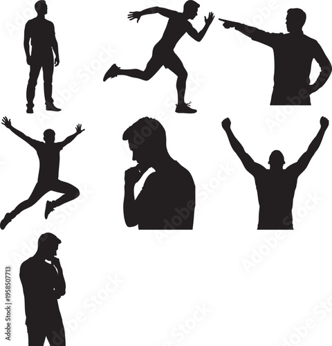 Silhouettes of men playing soccer in various poses
