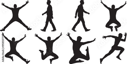 Silhouettes of soccer players in various poses kicking ball
