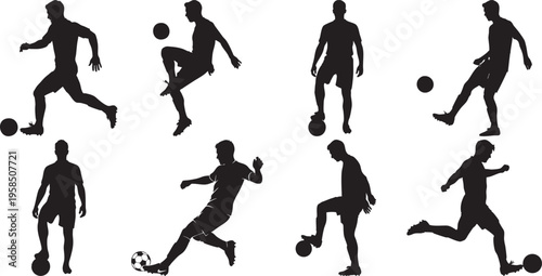 Collection of black silhouette illustrations of soccer players in various poses
