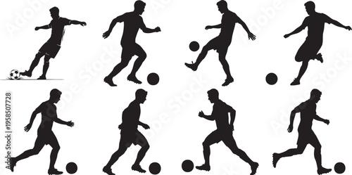 Collection of black silhouette soccer players in various poses kicking ball
