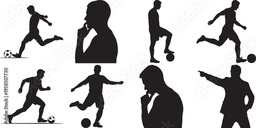 Silhouettes of soccer players in various poses
