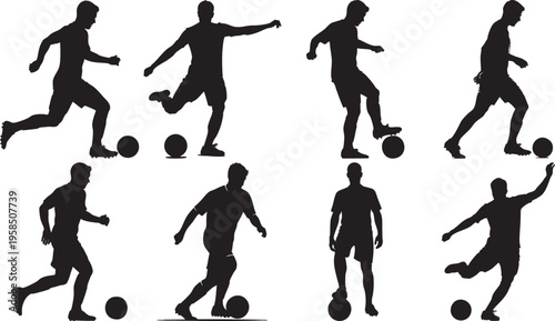 Silhouettes of soccer players in various poses kicking balls
