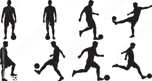 Collection of black silhouette illustrations of men playing soccer in various poses
