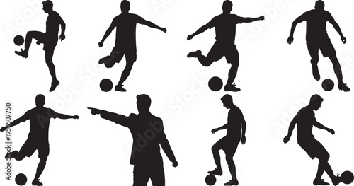 Silhouettes of soccer players in various poses kicking ball
