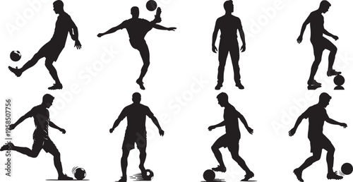 Silhouettes of men playing soccer in various poses