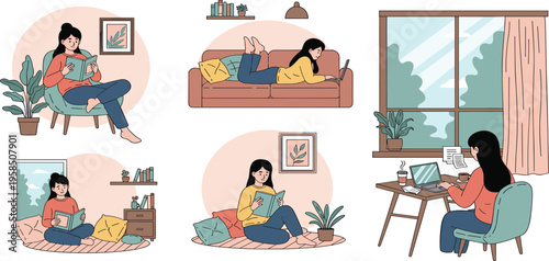 Women Reading Books and Working from Home Illustration Set with Cozy Living Room Scenes, Remote Work, Relaxation, Learning and Home Lifestyle Activities